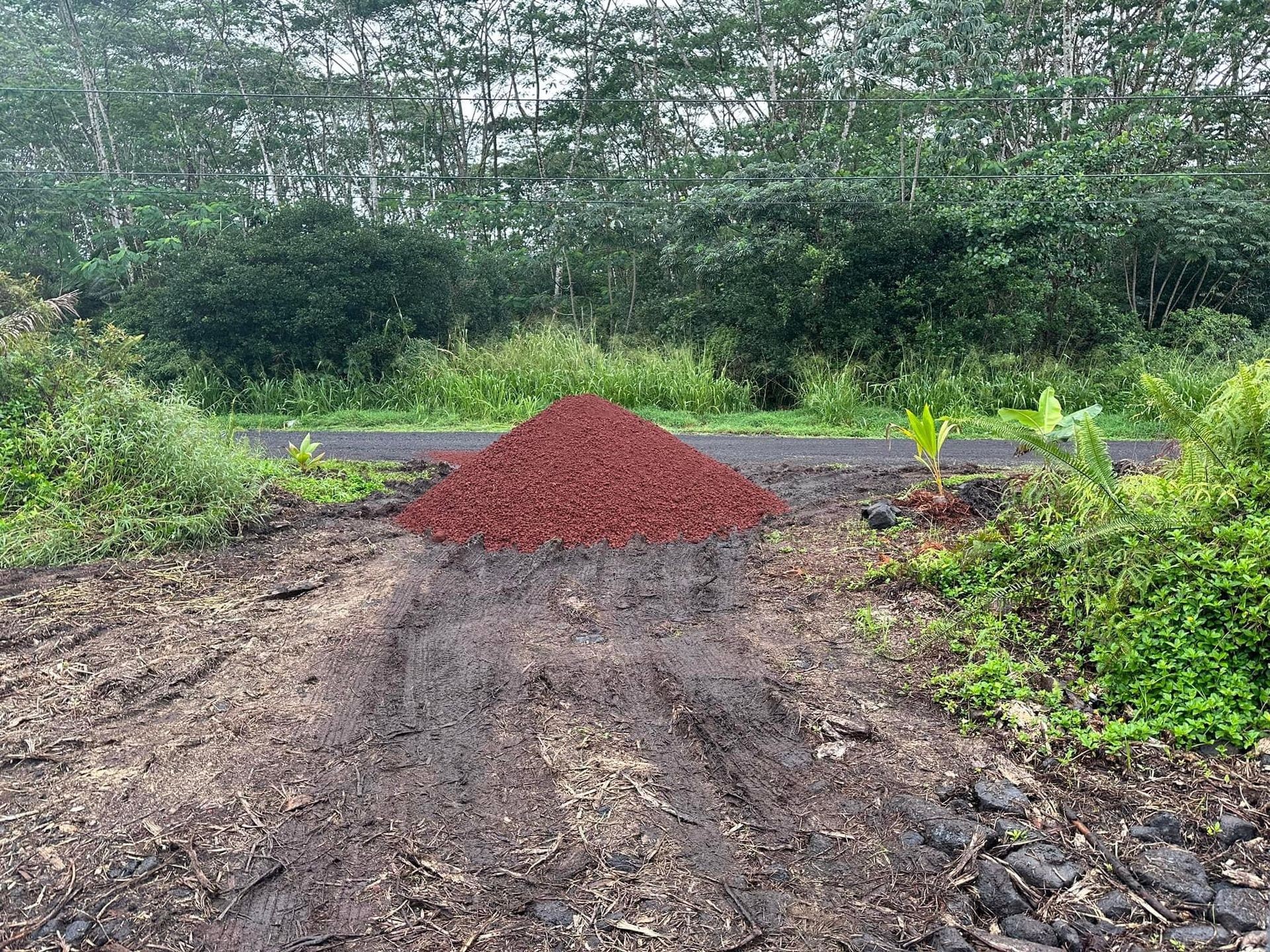 Pile of red gravel on a cleared dirt area near dense green foliage and trees.